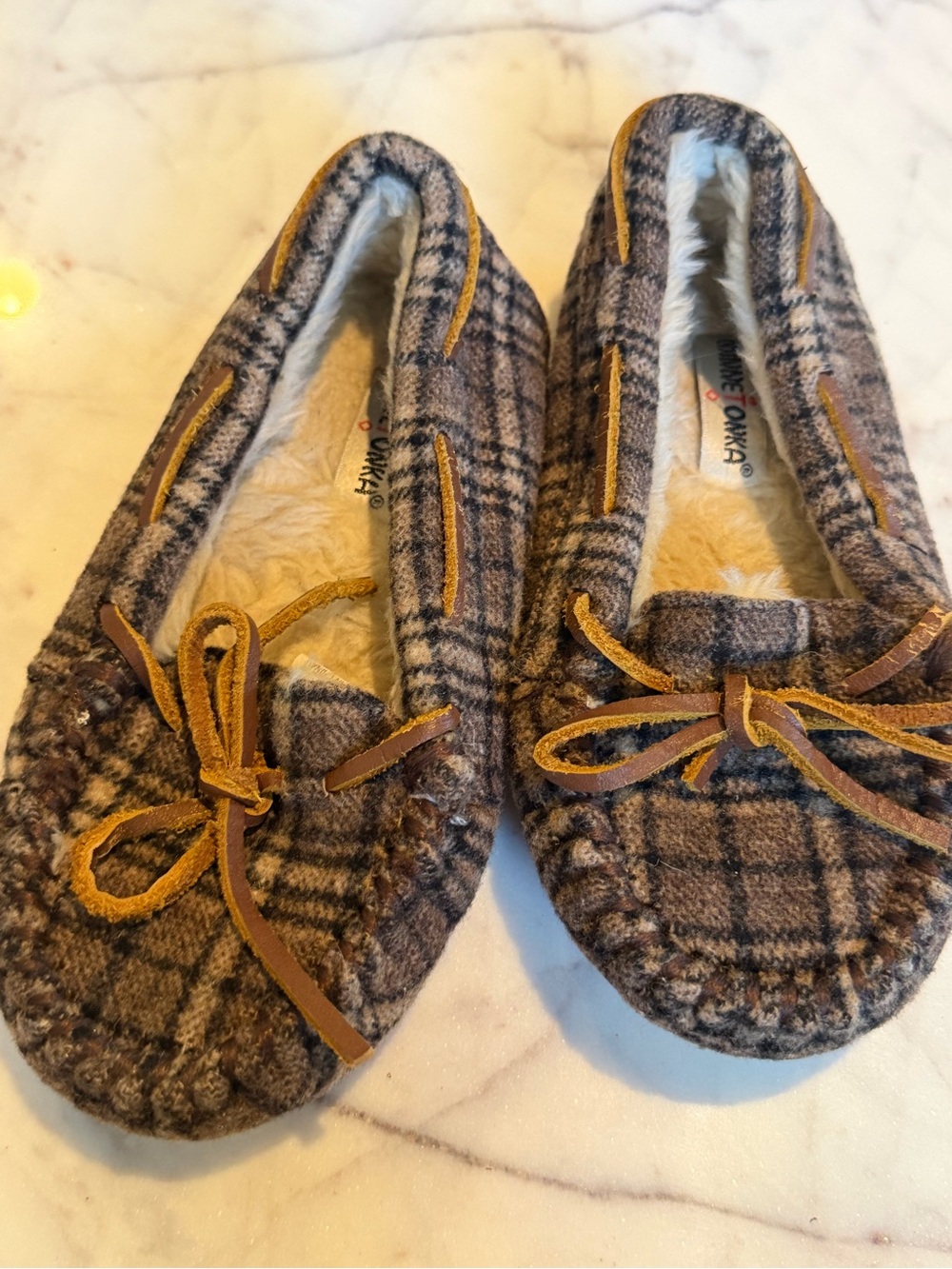 Minnetonka Plaid Faux-Fur Lined Kids Moccasin Slippers - Brown 12